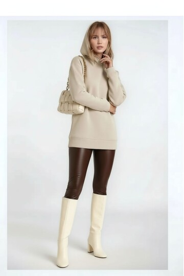 Kadın 3 İplik Kalın Kapüşonlu Oversize Curve Kalıp Uzun Kol Sweatshirt Kazak