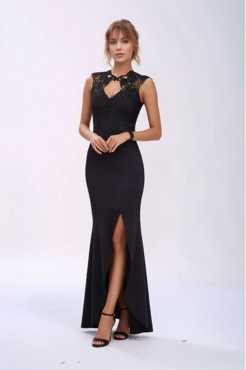 Kadın Pencere Güpürlü Yaka Asimetrik Etek Balık Model Ay Kol Şık Abiye Curve Büyük Beden Gece Elbise