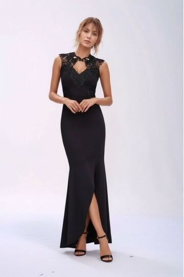 Kadın Pencere Güpürlü Yaka Asimetrik Etek Balık Model Ay Kol Şık Abiye Curve Büyük Beden Gece Elbise