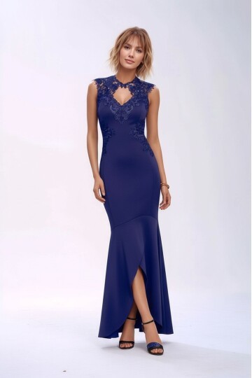 Kadın Pencere Güpürlü Yaka Asimetrik Etek Balık Model Ay Kol Şık Abiye Curve Büyük Beden Gece Elbise