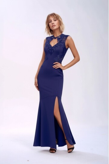 Kadın Pencere Güpürlü Yaka Asimetrik Etek Balık Model Ay Kol Şık Abiye Curve Büyük Beden Gece Elbise