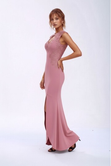 Kadın Pencere Güpürlü Yaka Asimetrik Etek Balık Model Ay Kol Şık Abiye Curve Büyük Beden Gece Elbise