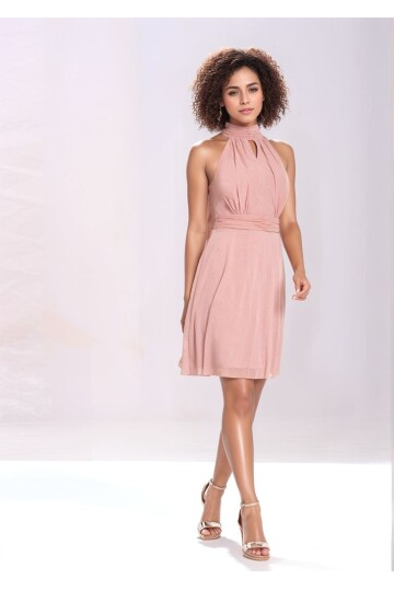 Kadın Pudra Şifon Yakası Pencere Detay Spor Şık Abiye Elbise