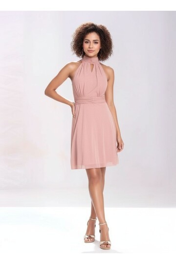Kadın Pudra Şifon Yakası Pencere Detay Spor Şık Abiye Elbise