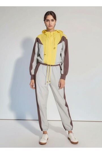 Kadın Salaş Fermuarlı Croplu Kapşonlu Sweatshirt Lastik Paça Spor Şık Eşofman Takımı