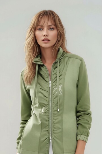 Kadın Saten Karşım Önden Büzgülü Fermuarlı Hakim Yaka Uzun Kol Spor Şık Büyük Beden Curve Ceket