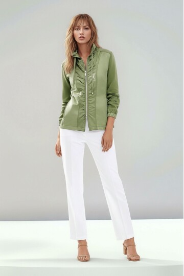 Kadın Saten Karşım Önden Büzgülü Fermuarlı Hakim Yaka Uzun Kol Spor Şık Büyük Beden Curve Ceket