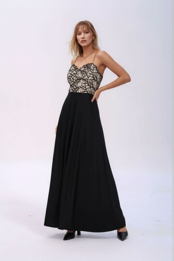 Kadın Straplez Kalp Yaka Dantelli Uzun Maxi Boy Siyah Ekru Curve Abiye Gece Şık Ebise