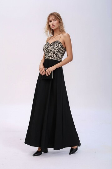 Kadın Straplez Kalp Yaka Dantelli Uzun Maxi Boy Siyah Ekru Curve Abiye Gece Şık Ebise