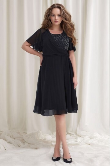 Kadın Taşlı Bisiklet Yaka Belden Oturmalı Şık Abiye Curve Büyük Beden Gece Elbise