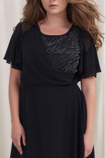 Kadın Taşlı Bisiklet Yaka Belden Oturmalı Şık Abiye Curve Büyük Beden Gece Elbise