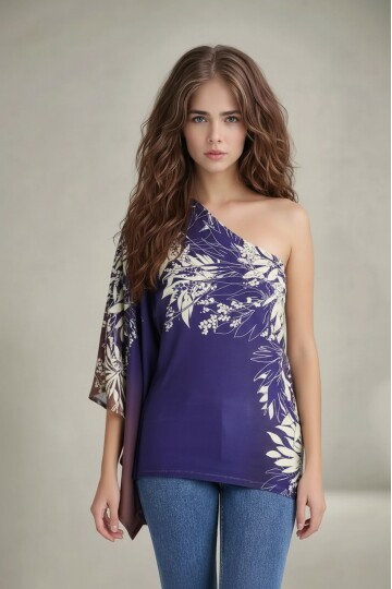Kadın Tek Yarasa Kol Yaprak Desenli Şık Curve Bluz