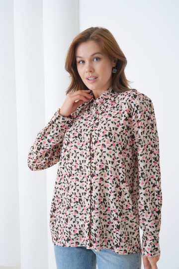 Kadın Tesettüre Uygun Desenli Uzun Kol Pamuk Şık Büyük Beden Curve Rahat Gömlek