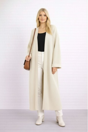 Kadın Tesettüre Uygun Maxi Boy Uzun Kol Spor Şık Örgü Triko Curve Uyumlu Hırka Ceket