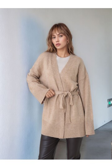 Kadın Tesettüre Uygun Midi Boy Kruvaze Kapama Kuşaklı Uzun Kol Cepli Spor Şık Triko Hırka Ceket