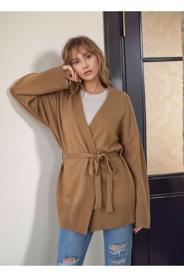 Kadın Tesettüre Uygun Midi Boy Kruvaze Kapama Kuşaklı Uzun Kol Cepli Spor Şık Triko Hırka Ceket