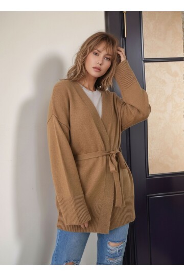 Kadın Tesettüre Uygun Midi Boy Kruvaze Kapama Kuşaklı Uzun Kol Cepli Spor Şık Triko Hırka Ceket