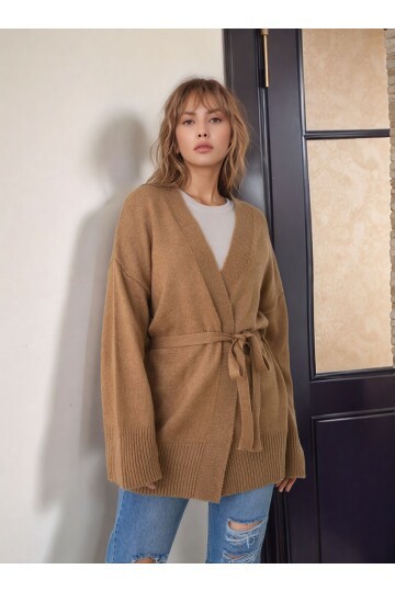 Kadın Tesettüre Uygun Midi Boy Kruvaze Kapama Kuşaklı Uzun Kol Cepli Spor Şık Triko Hırka Ceket