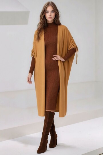 Kadın Tesettüre Uygun Midi Boy Yarasa Kol Omuzdan Bağlamalı Triko Curve Uyumlu Kuşaksız Hırka Ceket