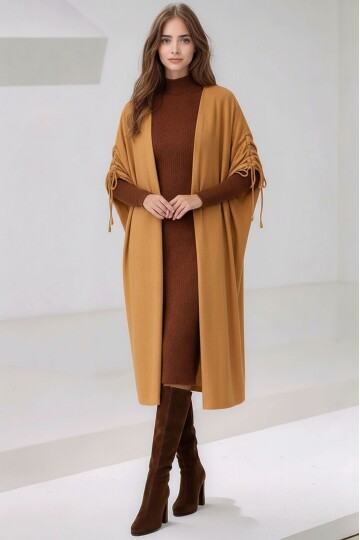 Kadın Tesettüre Uygun Midi Boy Yarasa Kol Omuzdan Bağlamalı Triko Curve Uyumlu Kuşaksız Hırka Ceket