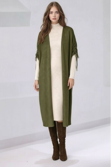 Kadın Tesettüre Uygun Midi Boy Yarasa Kol Omuzdan Bağlamalı Triko Curve Uyumlu Kuşaksız Hırka Ceket