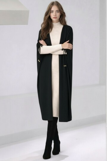 Kadın Tesettüre Uygun Midi Boy Yarasa Kol Omuzdan Bağlamalı Triko Curve Uyumlu Kuşaksız Hırka Ceket