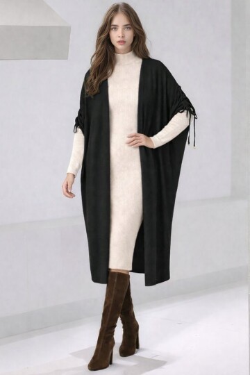 Kadın Tesettüre Uygun Midi Boy Yarasa Kol Omuzdan Bağlamalı Triko Curve Uyumlu Kuşaksız Hırka Ceket