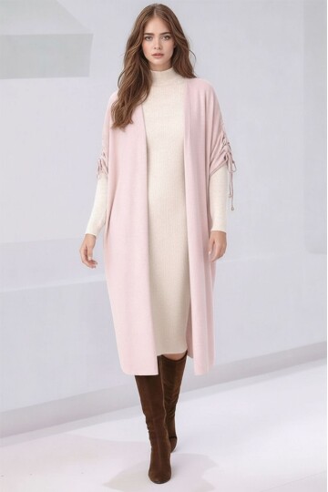 Kadın Tesettüre Uygun Midi Boy Yarasa Kol Omuzdan Bağlamalı Triko Curve Uyumlu Kuşaksız Hırka Ceket