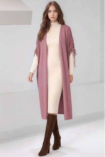 Kadın Tesettüre Uygun Midi Boy Yarasa Kol Omuzdan Bağlamalı Triko Curve Uyumlu Kuşaksız Hırka Ceket