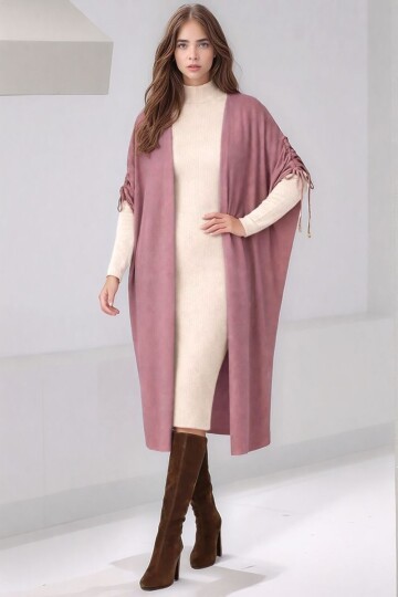 Kadın Tesettüre Uygun Midi Boy Yarasa Kol Omuzdan Bağlamalı Triko Curve Uyumlu Kuşaksız Hırka Ceket