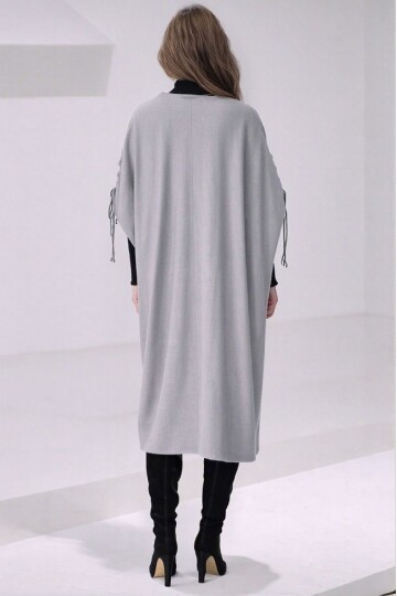 Kadın Tesettüre Uygun Midi Boy Yarasa Kol Omuzdan Bağlamalı Triko Curve Uyumlu Kuşaksız Hırka Ceket