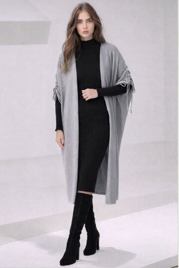 Kadın Tesettüre Uygun Midi Boy Yarasa Kol Omuzdan Bağlamalı Triko Curve Uyumlu Kuşaksız Hırka Ceket