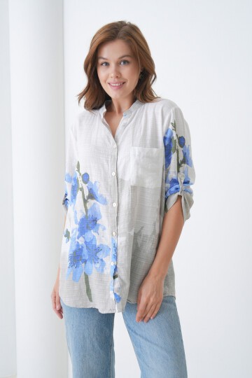 Kadın Tesettüre Uygun Uzun Kol Pamuk Şık Büyük Beden Desenli Curve Rahat İtalyan Keten Gömlek