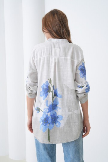 Kadın Tesettüre Uygun Uzun Kol Pamuk Şık Büyük Beden Desenli Curve Rahat İtalyan Keten Gömlek