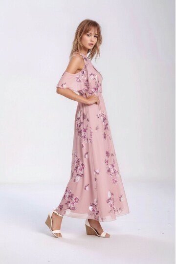 Kadın Tül Detaylı Omzu Açık Şık Rahat Kalıp Büyük Beden Curve Abiye Elbise