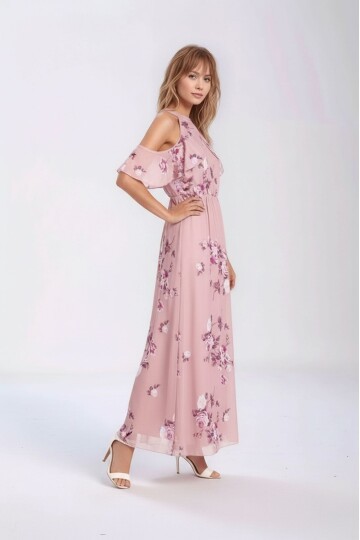 Kadın Tül Detaylı Omzu Açık Şık Rahat Kalıp Büyük Beden Curve Abiye Elbise