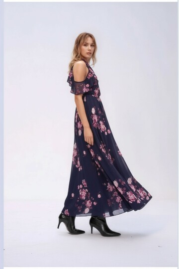 Kadın Tül Detaylı Omzu Açık Şık Rahat Kalıp Büyük Beden Curve Abiye Elbise