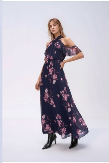 Kadın Tül Detaylı Omzu Açık Şık Rahat Kalıp Büyük Beden Curve Abiye Elbise