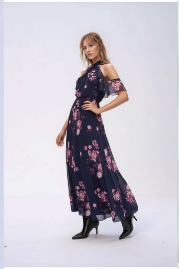 Kadın Tül Detaylı Omzu Açık Şık Rahat Kalıp Büyük Beden Curve Abiye Elbise