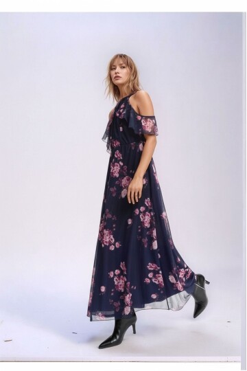 Kadın Tül Detaylı Omzu Açık Şık Rahat Kalıp Büyük Beden Curve Abiye Elbise