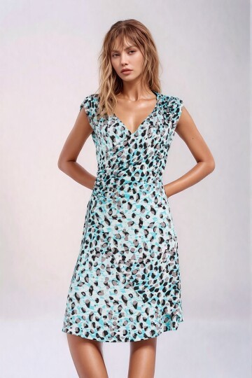Kadın Turkuaz Leopar Desenli Belden Büzgü Detay Kruvaze Yaka Örme Viskon Şık Curve Elbise