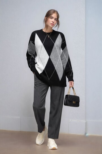 Kadın Uzun Kol Baklava Desen Bisiklet Yaka Tunik Boy Triko Büyük Beden Oversize Kazak Tunik