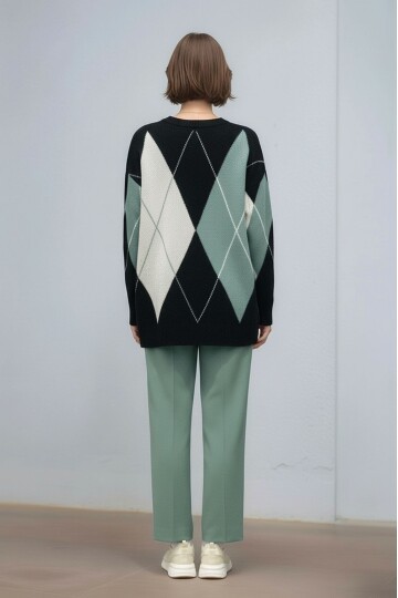 Kadın Uzun Kol Baklava Desen Bisiklet Yaka Tunik Boy Triko Büyük Beden Oversize Kazak Tunik