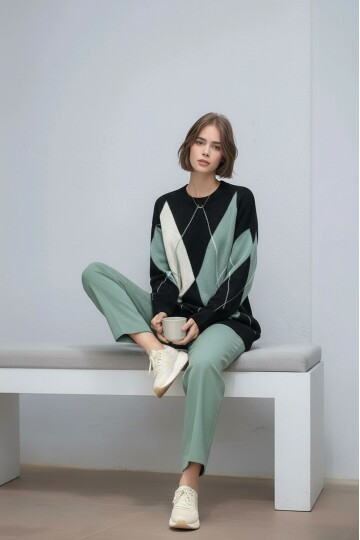 Kadın Uzun Kol Baklava Desen Bisiklet Yaka Tunik Boy Triko Büyük Beden Oversize Kazak Tunik