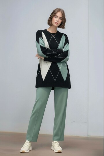 Kadın Uzun Kol Baklava Desen Bisiklet Yaka Tunik Boy Triko Büyük Beden Oversize Kazak Tunik