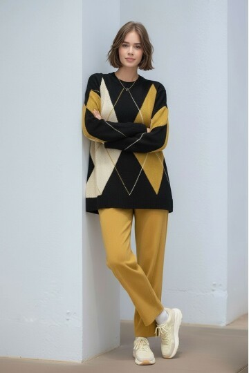 Kadın Uzun Kol Baklava Desen Bisiklet Yaka Tunik Boy Triko Büyük Beden Oversize Kazak Tunik