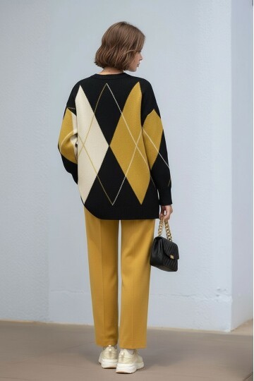 Kadın Uzun Kol Baklava Desen Bisiklet Yaka Tunik Boy Triko Büyük Beden Oversize Kazak Tunik