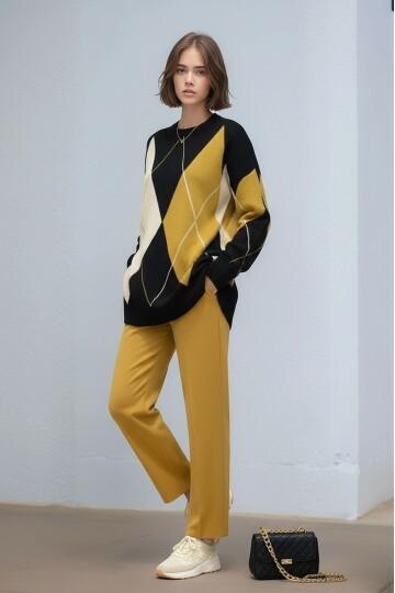 Kadın Uzun Kol Baklava Desen Bisiklet Yaka Tunik Boy Triko Büyük Beden Oversize Kazak Tunik