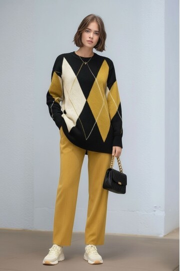 Kadın Uzun Kol Baklava Desen Bisiklet Yaka Tunik Boy Triko Büyük Beden Oversize Kazak Tunik