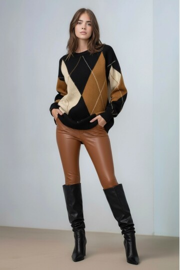 Kadın Uzun Kol Baklava Desen Bisiklet Yaka Tunik Boy Triko Büyük Beden Oversize Kazak Tunik